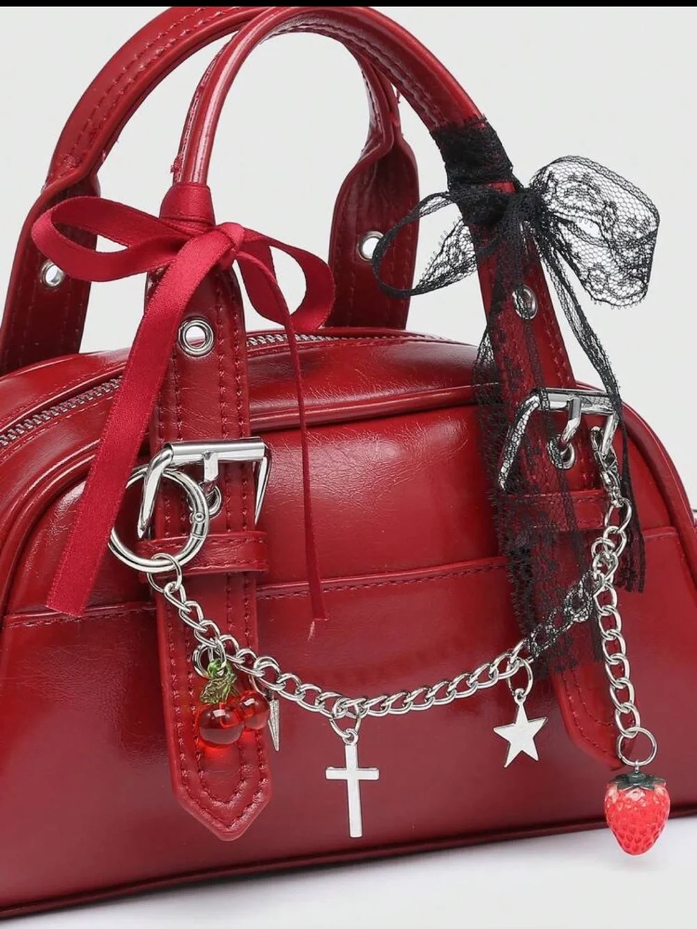 NEW ARRIVAL Cherry Red Women’s Satchel with Charm Chain